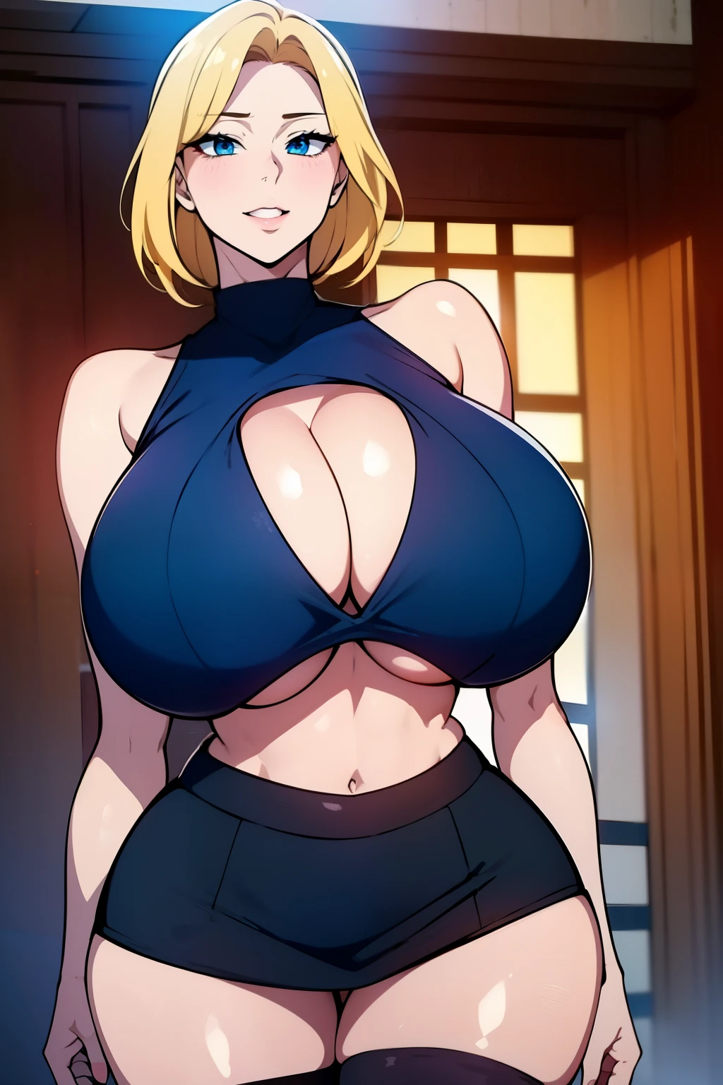 An anime-style artwork depicting ruan mei from the game Honkai star rail.
Tags: ruan mei, anime, detailed eyes, detailed lips, black crop top, black turtleneck, miniskirt, cleavage, smiling expression, intense gaze, glowing emblem on hand, dynamic pose, indoor, luxury palace, vibrant colors, digital art, high-resolution, professional quality, gigantic breasts, (underboob : 1.4), curvy, cowboy shot, (gigantic breasts: 1.4), (blonde hair:1.4), (blue eyes), short hair