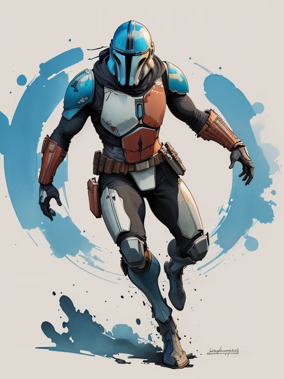 ((digital drawing)),((4k)),((JIM EIDOMODE)), The Mandalorian ink drawing, digital illustration, Comic book style, watercolor, art station style, Concept art, 2D illustration, by Peter Draws, by Carne Griffiths, by Vadim Kashin, full body, centered, detailed, smooth, dynamic pose