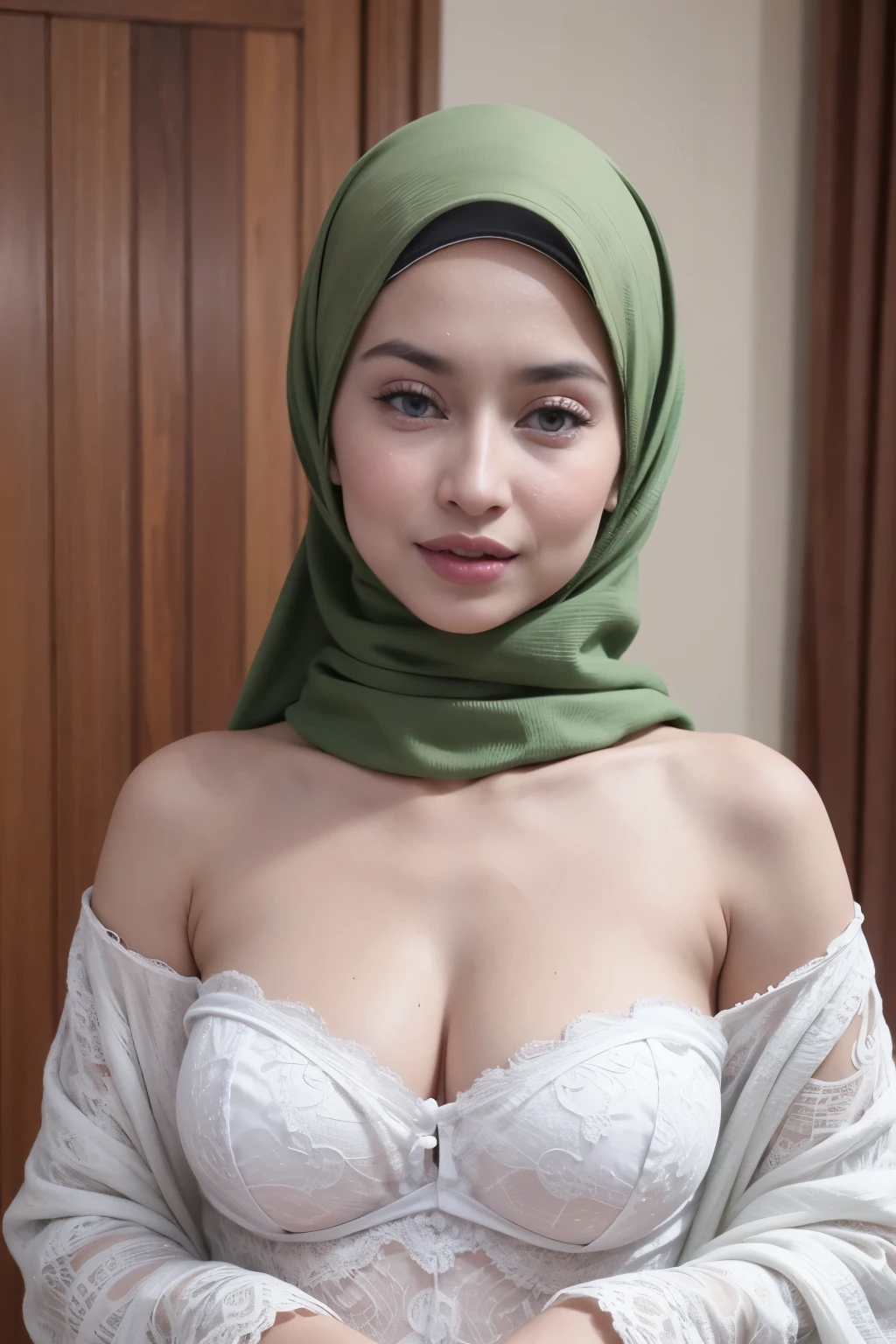 (Wearing Green Fluorescence Strapless), (((HIJAB MALAY GIRL))), masutepiece, High quality, UHD 32K, Realistic face, Realistic skin feeling , A Malay Lady, 48 years old, , Very cute and baby-like face, (((FLAT CHEST))), (MATRIX WORLD), ((look In front at the camera and SADNESS)), (((CUTE GIRL))), GREEN FLUORESCENT, (undress). WEAR BRA LINGERIE, lace, HEAVY HUGE BREASTS NIPPLES, HUGE HEAVY SAGGY