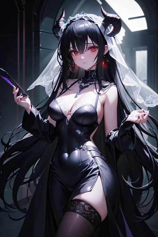 ((masterpiece))，(best quality)，(Half body)，Turn your head，(Extremely complex and detailed)，(Highest definition)，(8k)，(Clear lines)，(perfect facial features，Perfect flesh)，(official art)，1. Ms.，tiefling，(Lich)，Legendary Mage，scientist，Pitch-black robe，red skin，Dominate life and death，majesty，solemn，Empty eyes，Super long black hair like night，Lifeless eyes，Dead silent expression，The Abyss has devil horns、Anime girl in black clothes 4k konachan wallpaper, Black, Demon anime girl, anime monster girl, , cyberpunk, OPPEIN, [ 4k digital art ]!!, Anime cute art style (抹胸Wedding dress：1.5），（Silk dress：1.2）,（无肩带Wedding dress：1.5）,,，necklace，earrings，(Large Breasts:1.3)，深V桃心领Wedding dress 极其正常的手, Extremely normal legs, , Wedding dress, High heel, HDR (High Dynamic Range), Ray Tracing, NVIDIA RTX, Super Resolution, Unreal 5, Subsurface scattering, PBR Textures, Post-processing, Anisotropic filtering, Depth of Field, Maximum Acutance and Acutance, Multi-layered textures, Albedo and Specular Maps, Surface Shading, Accurately simulate the interaction of light and matter, Perfect proportion, Octane Rendering, Two-color light, Large aperture, Low ISO, White Balance, Rule of Thirds: Veiled Bride, Sexy Clothes Revealing Obscene Lines, Dark Wind, Charming and Evil