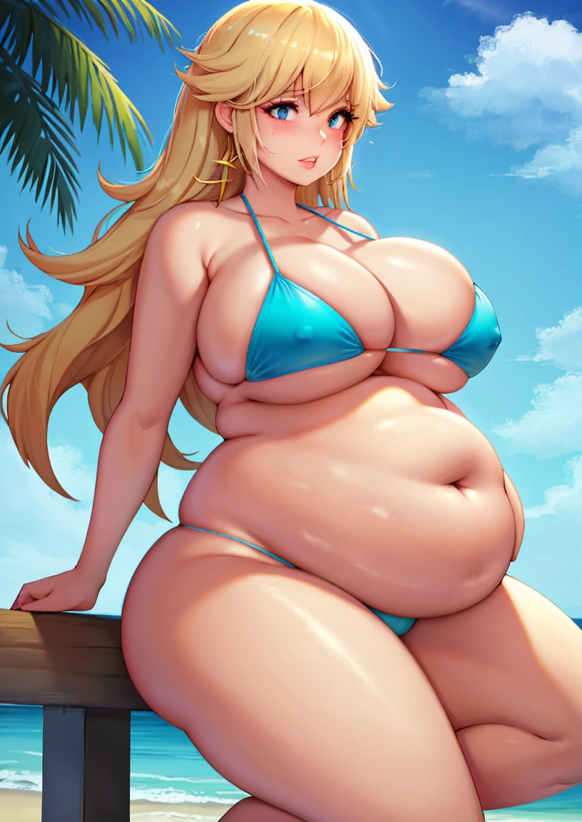 art by kipteitei, 1girl, massive , massive round fat jiggly belly, bigger thighs, Blue bikini, beach, chubby (best quality, masterpiece)