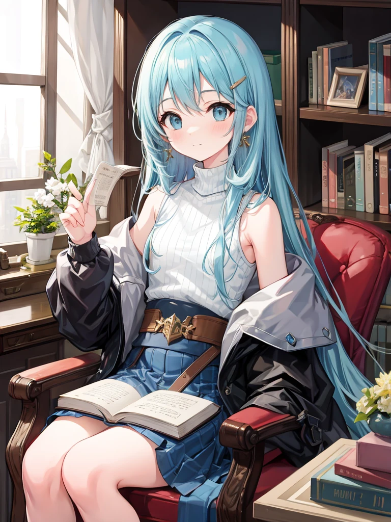 (masterpiece, best quality, extremely detailed, absurdres)), masterpiece, best quality, extremely detailed, (((light blue long hair))),  ,10 years old,long hair cute anime faces, detailed light, parted lips, shiny, beautiful detailed face, long hair, pale long hair, smile, looking at viewer, jewelry, lips, beautiful, expressive face, 1girl, solo, flat chest, blush, bangs, super fine illustration, 8k wallpaper, (photo background: 1.3),  BREAK
library, ornate library, bookshelves, leather chairs, ornate rug, high windows, wooden bookcase, godrays, volumetric lighting,  BREAK
2d, masterpiece, best quality, anime, highly detailed face, highly detailed background, perfect lighting,  smiling, looking down at book, 

The best picture quality,,  Books spread out on the study desk、naughty pose、
, long hair, hairclip, earrings, turtleneck, bare shoulders, off shoulder, sleeveless sweater, (sweater:1.2), jacket, long sleeves, skirt, plaid skirt,  library, sitting, book, indoors