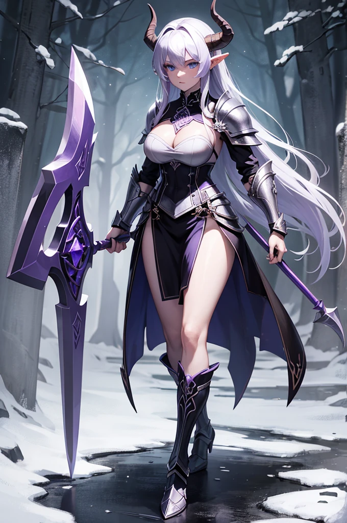 (Masterpiece, top quality), (detailed hair), ultra detailed, anime style, full body, solo, viking tiefling woman, Muscular body shape, wearing viking armor, black and white hair and crystal blue eyes, pale purple skin, holds two axes, wears high armor boots , standing in woods, white background, whole body, with horns, demon like tail, light purple skin, lilac skin, axe, strong, buff