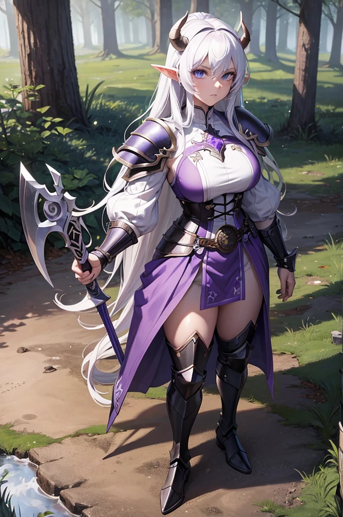 (Masterpiece, top quality), (detailed hair), ultra detailed, anime style, full body, solo, viking tiefling woman, Muscular body shape, wearing viking armor, black and white hair and crystal blue eyes, pale purple skin, holds two axes, wears high armor boots , standing in woods, white background, whole body, with horns, demon like tail, light purple skin, lilac skin, axe, strong, buff