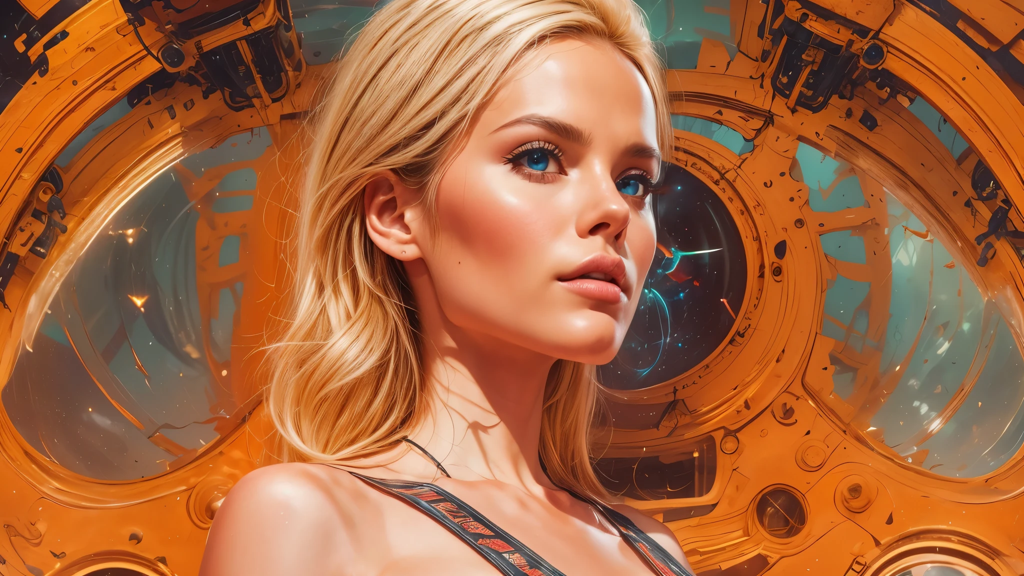 arafed image of a white woman in a futuristic suit with a spaceship in the background, movie art, in front of an orange background, inspired by Robert McGinnis, female protagonist, megastructure in the background, portrait of an ai astronaut, astronauts, an astronaut, portrait of a astronaut skeletor, perfect android girl, detailed eyes, perfectly detailed teeth, frank franzzeta and sakimichan  