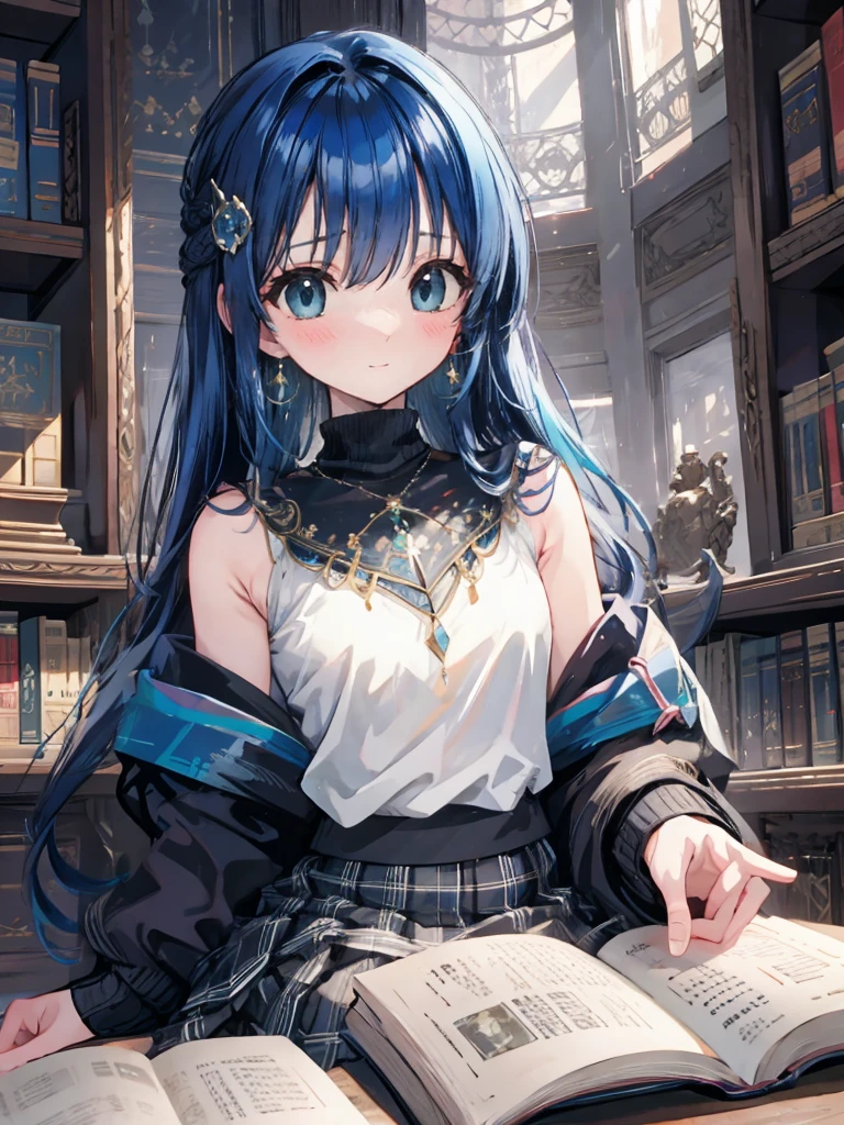 (masterpiece, best quality, extremely detailed, absurdres)), masterpiece, best quality, extremely detailed, (((black blue long hair))),  ,10 years old,long hair cute anime faces, detailed light, parted lips, shiny, beautiful detailed face, long hair, pale long hair, smile, looking at viewer, jewelry, lips, beautiful, expressive face, 1girl, solo, flat chest, blush, bangs, super fine illustration, 8k wallpaper, (photo background: 1.3),  BREAK
library, ornate library, bookshelves, leather chairs, ornate rug, high windows, wooden bookcase, godrays, volumetric lighting,  BREAK
2d, masterpiece, best quality, anime, highly detailed face, highly detailed background, perfect lighting,  smiling, looking down at book, 

The best picture quality,,  Books spread out on the study desk、naughty pose、shy,tareme
, long hair, hairclip, earrings, turtleneck, bare shoulders, off shoulder, sleeveless sweater, (sweater:1.2), jacket, long sleeves, skirt, plaid skirt,  library, sitting, book, indoors