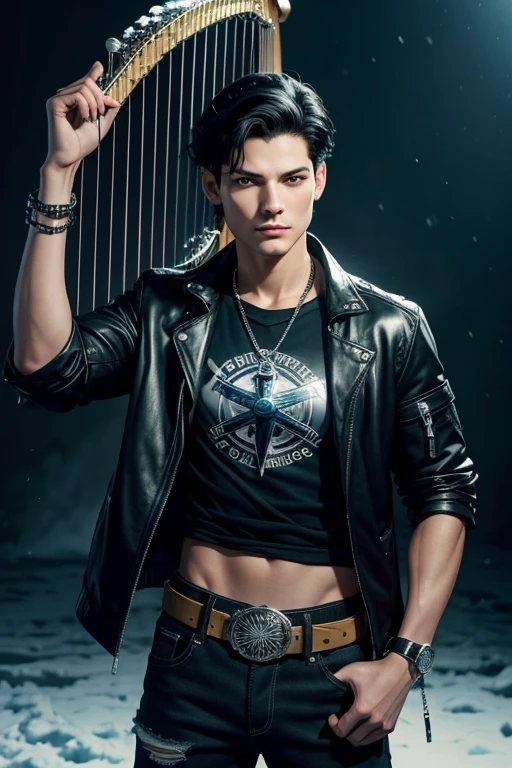 Nicholas Gonzalez 20-year-old boy with open black jacket, blue t-shirt with snow print, short black hair, punk style, yellow locks, black jeans, green eyes, black leather belt, silver buckle, slim muscular build, cross medallion, silver bracelet, looking straight at the viewer, holding a harp