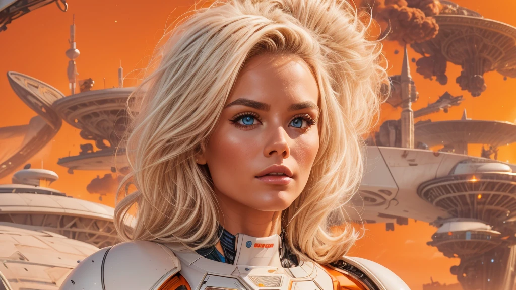 arafed image of a white woman in a futuristic suit with a spaceship in the background, movie art, in front of an orange background, inspired by Robert McGinnis, female protagonist, megastructure in the background, portrait of an ai astronaut, astronauts, an astronaut, portrait of a astronaut skeletor, perfect android girl, detailed eyes, perfectly detailed teeth, frank franzzeta and sakimichan