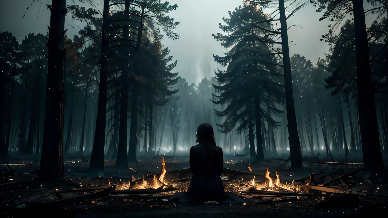 burning forest,mystery,sadness,past,ominous atmosphere,thick smoke,glowing embers,crackling flames,abandoned trees,dark shadows,twilight,mourning,remains of nature,distant echoes,flickering light,silhouettes,devastation,distant memories,void,haunting beauty,lost tranquility,smoldering ruins,whispering winds,ashen sky,solemnity,drowning sorrow,eternal sadness,intense emotions,desolation,forlorn hope,glimmer of hope,lamentation,raging fire,silent screams,unanswered questions,end of an era,broken dreams,embers of the past,enchanted sorrow,dark secrets,mystical charm,waning light,echoes of the past,lamenting souls,shattered memories,haunted by the blaze,twisted branches.