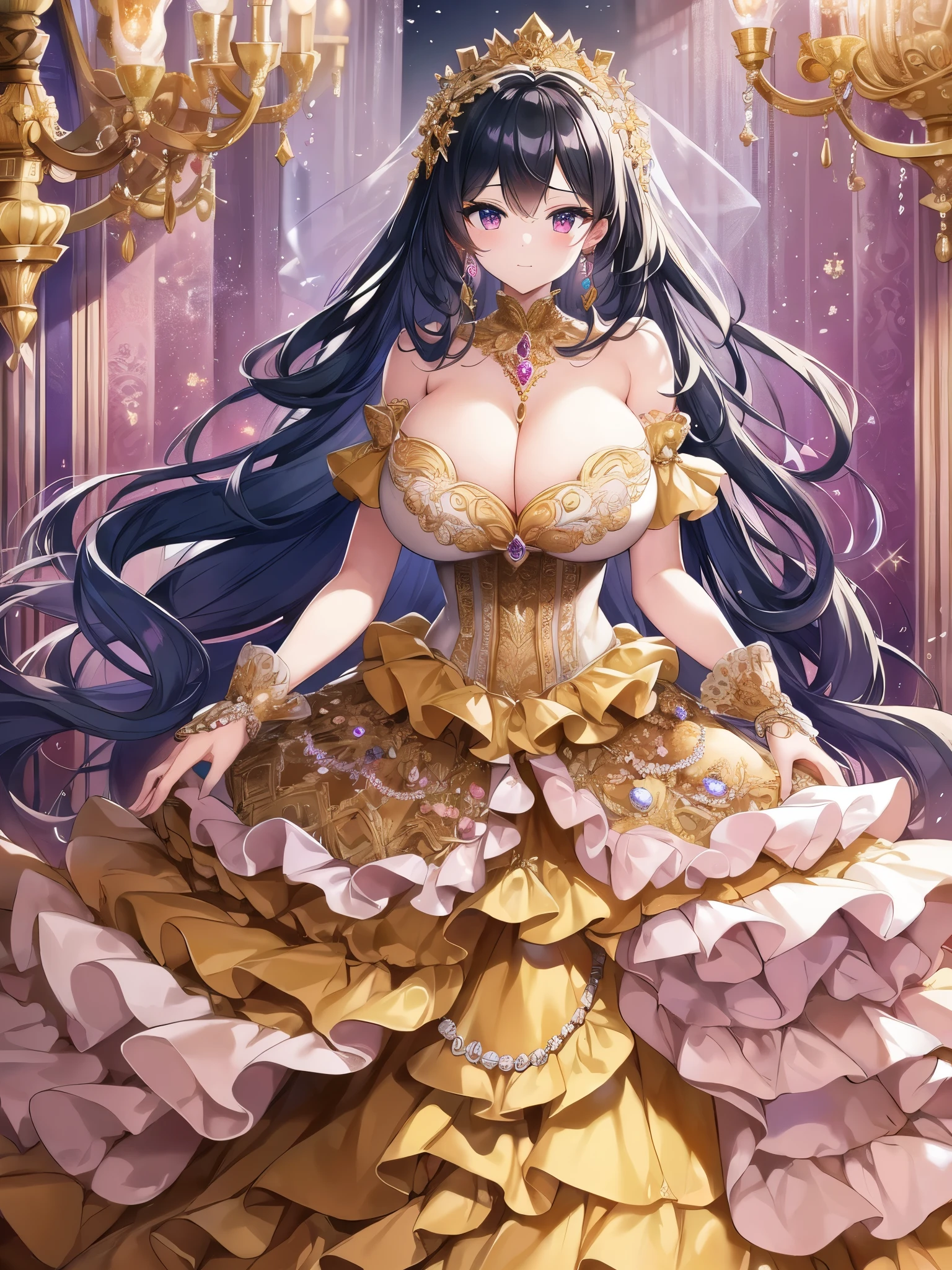 ((anime artstyle)),(Masterpiece),(Best Quality), (Super Detail),(((Very Delicate and Beautiful))),Solo,full body,((full body portrait)),((1 bling-bling princess in beautiful embroidery and jeweled gorgeous rococo ballgown)),((((absurdly gigantic tits)))),(((cleavage,curvy))),Skindentation,detailed face and eyes,jewel-like eyes,((castle)),((crinoline,long train)),gorgeous princess rococo ballgown with voluminous full length hoop skirt and long train,(((bling-bling gorgeous rococo ballgown with beautiful embroidery and jeweled))),((large amount of straight hair, absurdly long hair,Very Long Straight Hair)),extremely gorgeousfull hair ornament,(bling-bling extremely gorgeous jeweled tiara),luxurious jewelry,full body,((beautiful embroidery and jeweled gorgeous rococo ballgown))