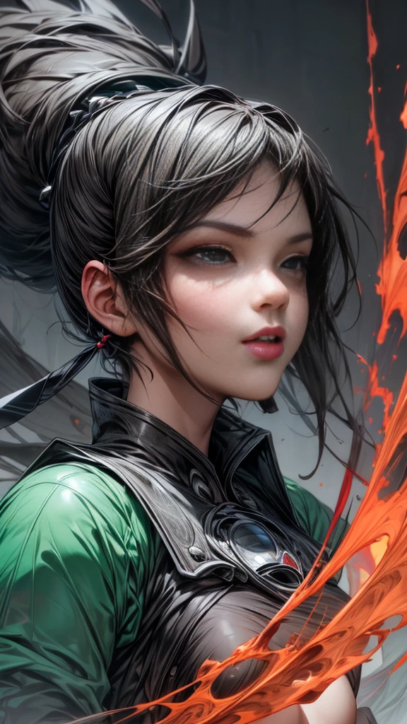 Unreal Engine: 1.4, CG 64K Ultra-realistic, Photorealistic: 1.4, Skin Texture: 1.4, Masterpiece: 1.4, Portrait Unreal Engine: 1.4, CG K Ultra-realistic, Photorealistic: 1.4, Skin Texture: 1.4, Masterpiece: 1.4 , close up photography :1.4,, cuerpo completo, wearing a gas mask in the army, biological warrior, Evolutivo, Toxina, Biological weapons, guerreros, verde:1.5, naranja:1.1, blanco:1.3, amarillo:1.3, (rapero con pelo aterrador),tatuajes, (ropa power puffer:1.2),Abstract lines and circles background.