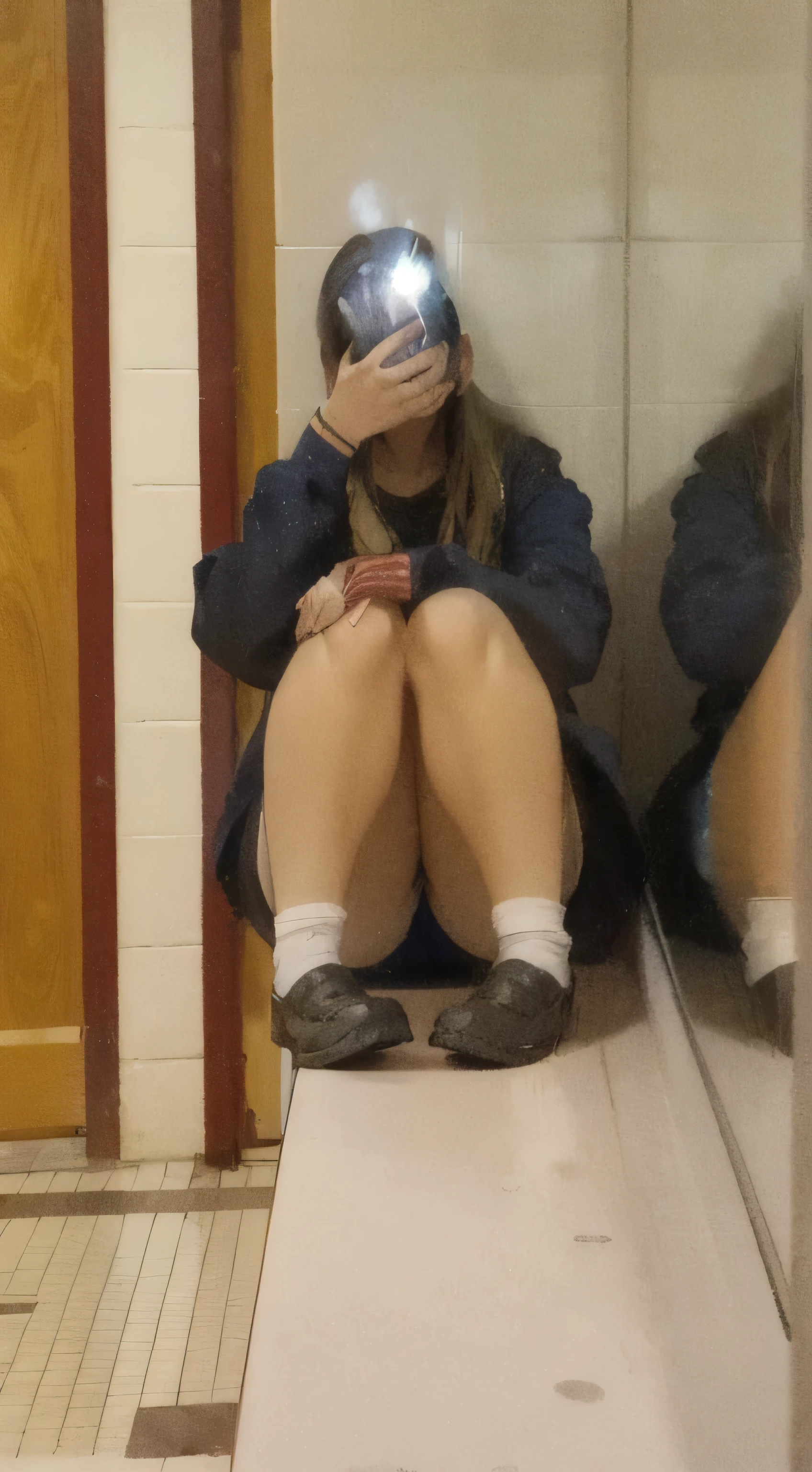 there is a girl sitting on a bench in a bathroom, knees tucked in, squatting, hugging her knees, crossed legs, legs visible, shy looking down, siting on a toilet, sitting on bent knees, embarrassed, candid shot, tired half closed, crouching, candid photo, cursed photography, distorted photo, on her knees, in a bathroom, naked