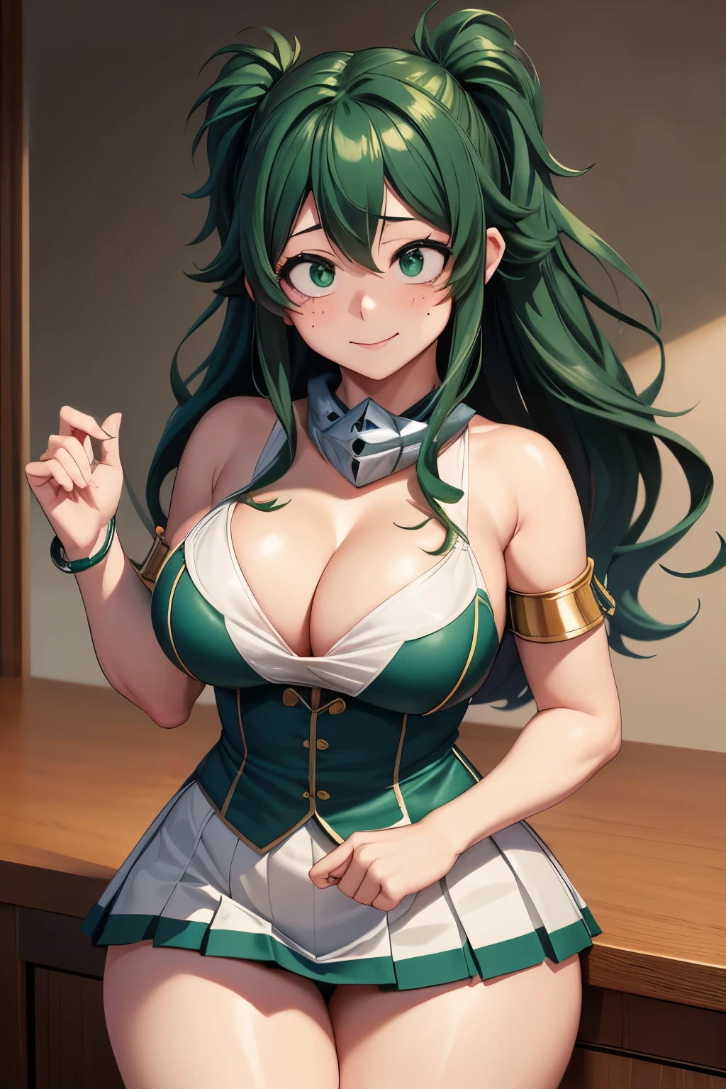 maximum quality, intrincate details, female Izuku Midoriya, long green hair, big breasts, big hips, provocative pose, sexual body, sexual smile, light blush, looking at viewer, keeping eye contact, green short skirt, emerald top, cleavage, precise hands, cleavage, breasts showing under top
