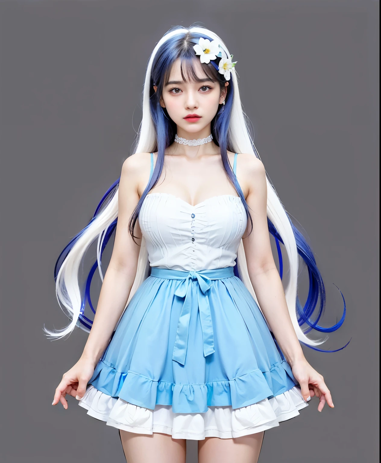 uma mulher adulta com cabelo longo, uma vestido branco e azul, ((Maximum quality、8k、parte do masseter:1.1))、1 mulher、cabelo branco com mechas azuis、orelhas de elfo, atalho、Olho grande、thicker lips、olhos dourados、Rosto seco、Um sorriso、Mulheres lindas:1.1、seios grandes:1.1,Olho grande,rosto hiperdetalhado, Rosto realista、rosto fofo、adorable face、ascender、legal face、organismo、Highly detailed lips、erotic face,Rosto de sopro、Abra um pouco a boca,olhos convidativos,sagging chest,carnudo,pele brilhante, a noite、luz neon、paisagem noturna