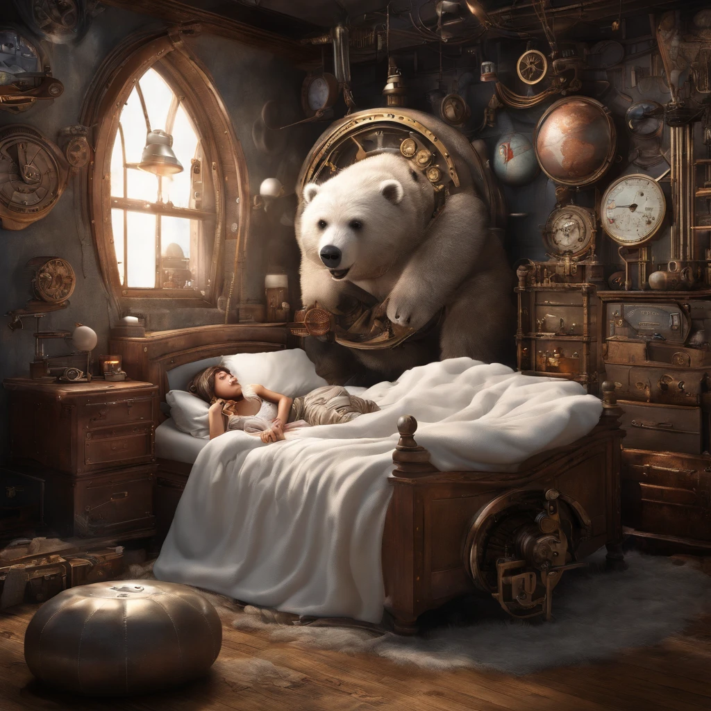 A girl sleeps in white fluffy blankets in a steampunk room on a steampunk bed and planets are flying outside the window,
A huge cute steampunk bear with button eyes sits next to the bed.,
beautiful, cute