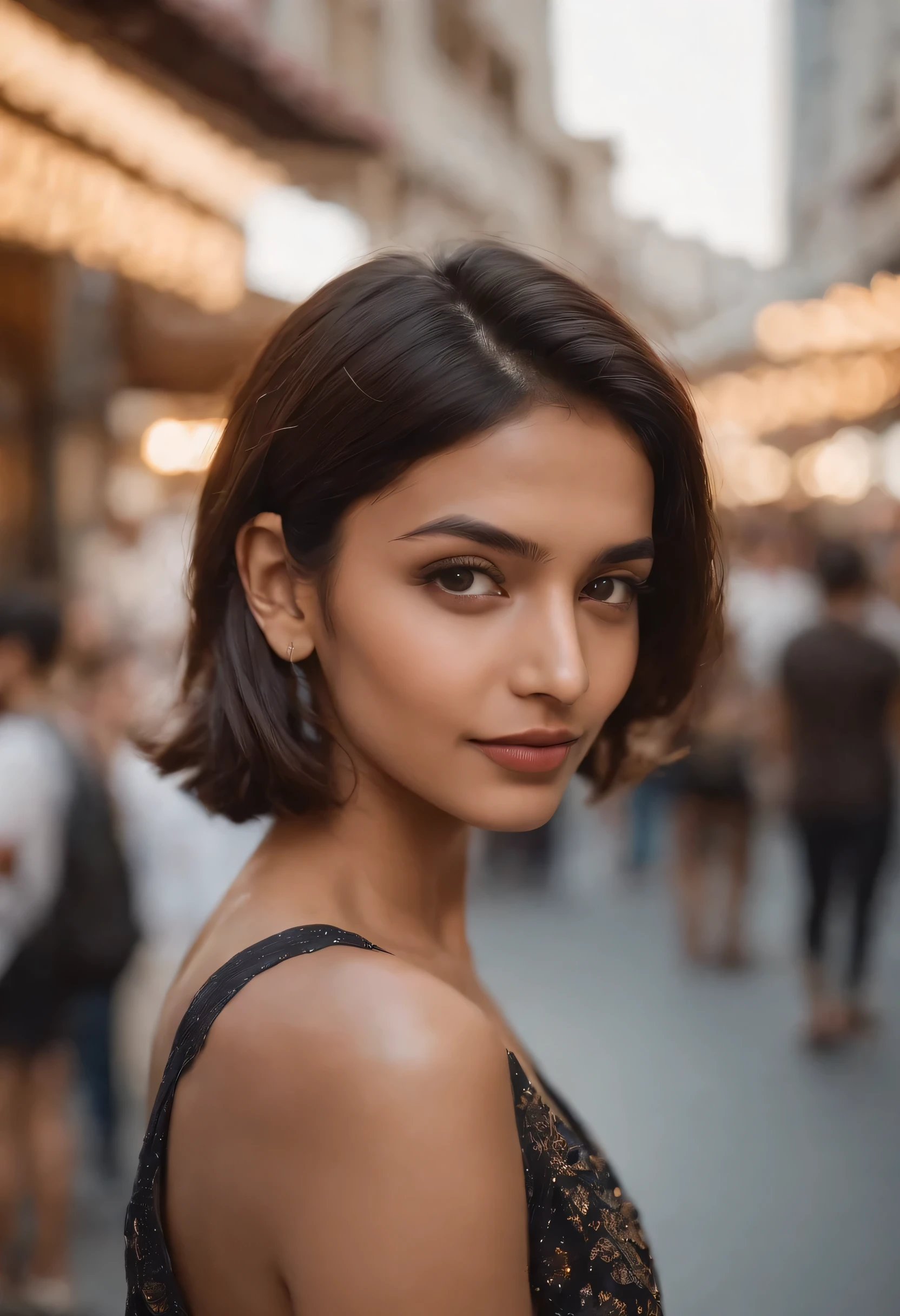 Skinny indian girl with short lob hair,travellers, in the style of rap aesthetics, girl,gentle smile, short hair, dubai , uae,make for a memorable photo. The background is to the of traditional arab streets and vibrant nightlife,photo taken with fujifilm superia, charly amani, oversized portraits, babycore, upper body, crowded busy street