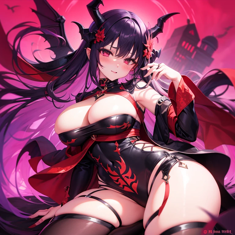 With demon horns、Anime girl wearing black clothing, veiled bride, sexy clothes exposing obscene lines, dark wind, seductive and evil