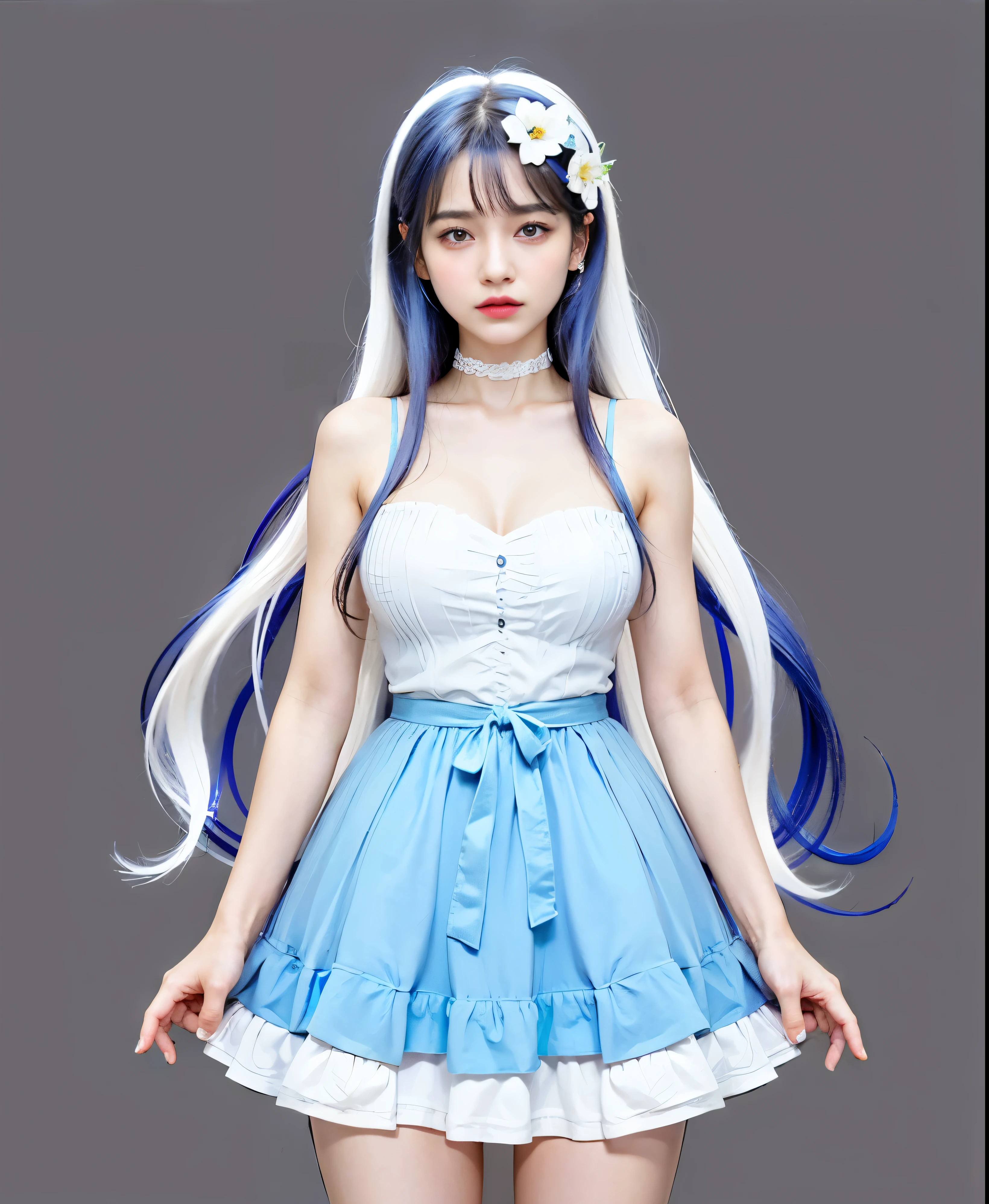  uma mulher adulta com  cabelo longo, uma vestido branco e azul, ((Maximum quality、8k、parte do masseter:1.1))、1 mulher、cabelo branco com mechas azuis、orelhas de elfo, atalho、Olho grande、thicker lips、olhos dourados、Rosto seco、Um sorriso、Mulheres lindas:1.1、seios grandes:1.1,Olho grande,rosto hiperdetalhado,  Rosto realista、rosto fofo、adorable face、ascender、legal face、organismo、Highly detailed lips、erotic face,Rosto de sopro、Abra um pouco a boca,olhos convidativos,sagging chest,carnudo,pele brilhante, a noite、luz neon、paisagem noturna
