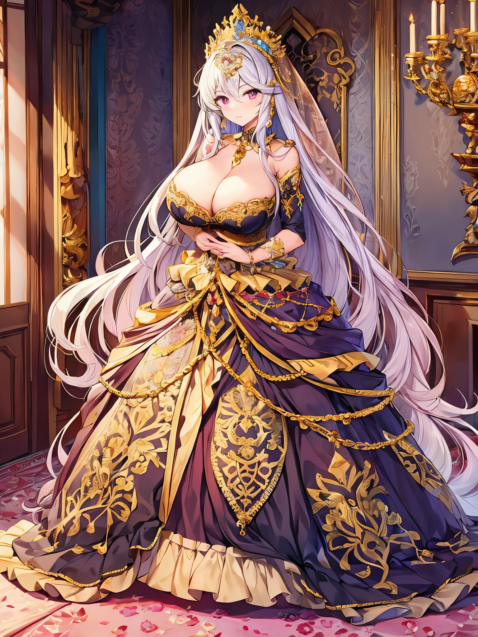 ((anime artstyle)),(Masterpiece),(Best Quality), (Super Detail),(((Very Delicate and Beautiful))),Solo,full body,((full body portrait)),((1 bling-bling princess in beautiful embroidery and jeweled gorgeous rococo ballgown)),((((absurdly gigantic tits)))),(((cleavage,curvy))),Skindentation,detailed face and eyes,jewel-like eyes,((castle)),((crinoline,long train)),gorgeous princess rococo ballgown with voluminous full length hoop skirt and long train,(((bling-bling gorgeous rococo ballgown with beautiful embroidery and jeweled))),((large amount of straight hair, absurdly long hair,Very Long Straight Hair)),extremely gorgeousfull hair ornament,(bling-bling extremely gorgeous jeweled tiara),luxurious jewelry,full body,((beautiful embroidery and jeweled gorgeous rococo ballgown))