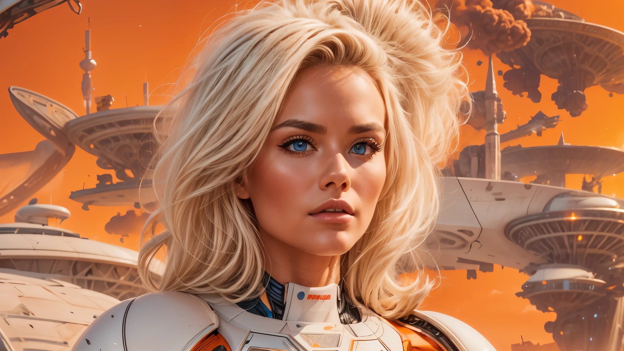 arafed image of a white woman in a futuristic suit with a spaceship in the background, movie art, in front of an orange background, inspired by Robert McGinnis, female protagonist, megastructure in the background, portrait of an ai astronaut, astronauts, an astronaut, portrait of a astronaut skeletor, perfect android girl, detailed eyes, perfectly detailed teeth, frank franzzeta and sakimichan