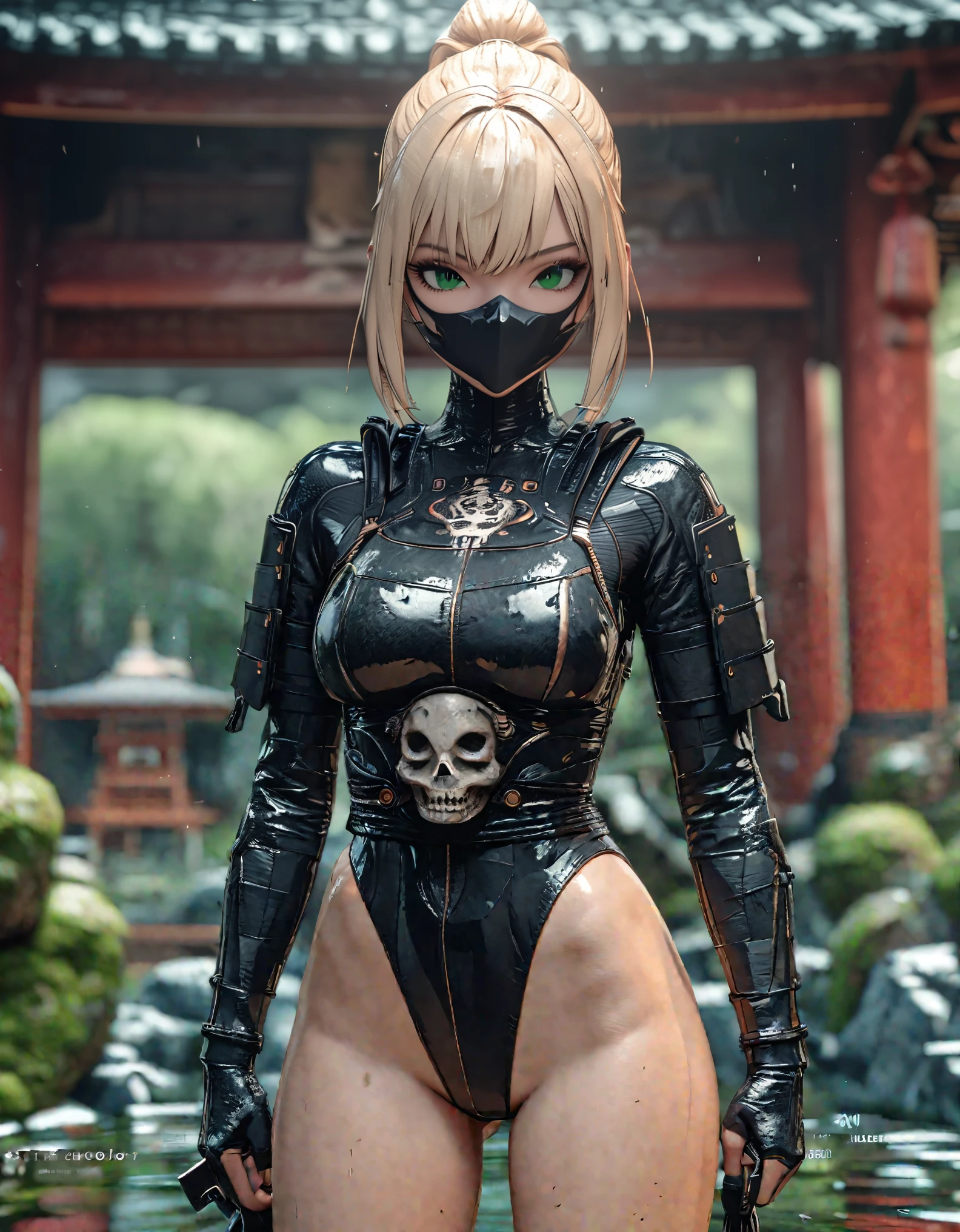 close shot, girl focus,Random pose,A female ninja on her way to her enemy,sexy full body, ponytail hair, skull drawing mask,sexy ninja suit, holding a small katana,tattoo,japanese pagoda,pond, Sakura tree, kunai and shuriken lay around,artwork,3D,4K,Detailed,4k highly detailed digital art,octane render,masterpiece,best quality,ligne claire,(cool_color),perfect composition,absurdres, fantasy,focused,rule of thirds, light blonde hair,green eyes, (leotard,bare legs), cowboy shot