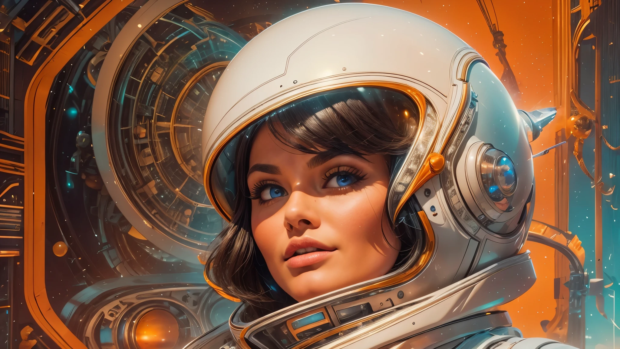 arafed image of a white woman in a futuristic suit with a spaceship in the background, movie art, in front of an orange background, inspired by Robert McGinnis, female protagonist, megastructure in the background, portrait of an ai astronaut, astronauts, an astronaut, portrait of a astronaut skeletor, perfect android girl, detailed eyes, perfectly detailed teeth, frank franzzeta and sakimichan