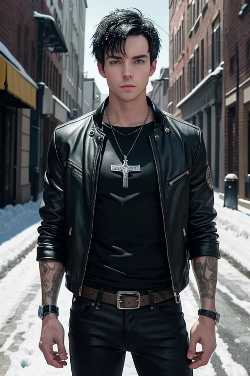 Ian Harding 20-year-old boy with open black jacket, blue t-shirt with snow print, short black hair, punk style, yellow locks, black jeans, green eyes, black leather belt, silver buckle, slim muscular build, cross medallion, silver bracelet, looking straight at the viewer, holding a harp