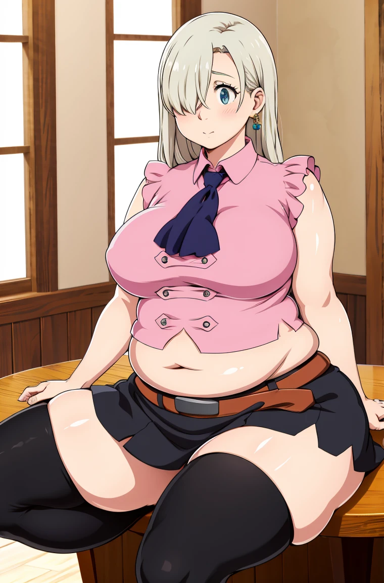 masterpiece, best quality, high resolution , highres, hmeliza, 1girl, jewelry, single thighhigh, hair over one eye, midriff, black skirt, asymmetrical legwear, pink shirt, black thighhighs, belt, miniskirt,  standing, cowboy shot, chubby, plump, thick thighs, bottom heavy, sitting down, round belly, fat belly, belly spilling out of skirt, pear shaped figure, belly focus