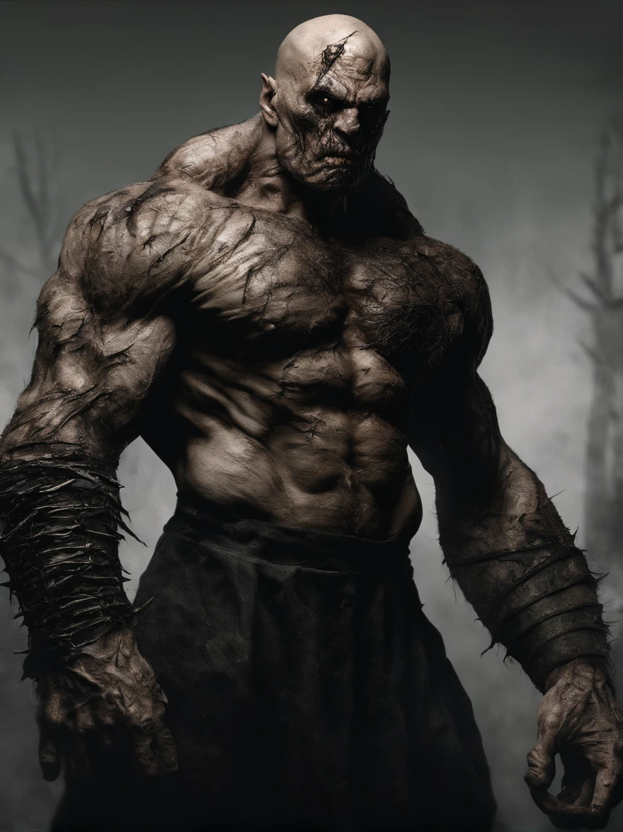 brutalis the violator
hulking 8 feet tall muscled bald mutated semi-orc-troglodyte like human with cracked desiccated skin
he has a few large organic spike protrusions made of his desiccated skin on his arms and back,