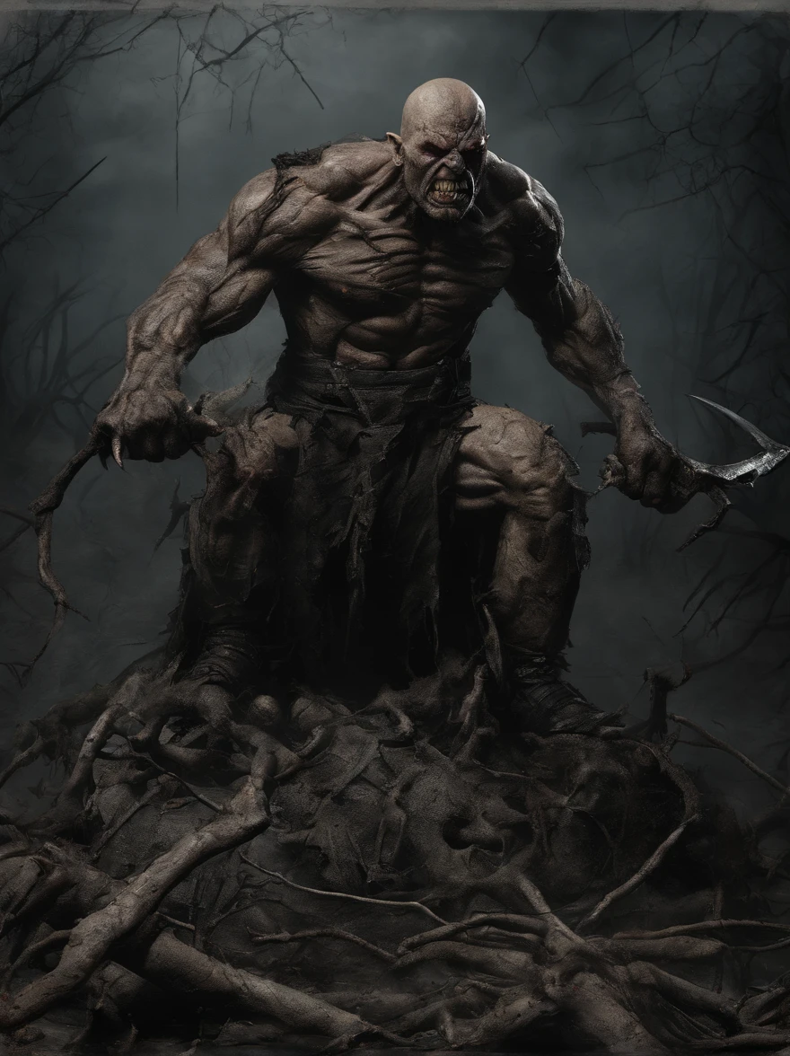 brutalis the violator
hulking 8 feet tall muscled bald mutated semi-orc-troglodyte like human with cracked desiccated skin
he has a few large organic spike protrusions made of his desiccated skin on his arms and back,
