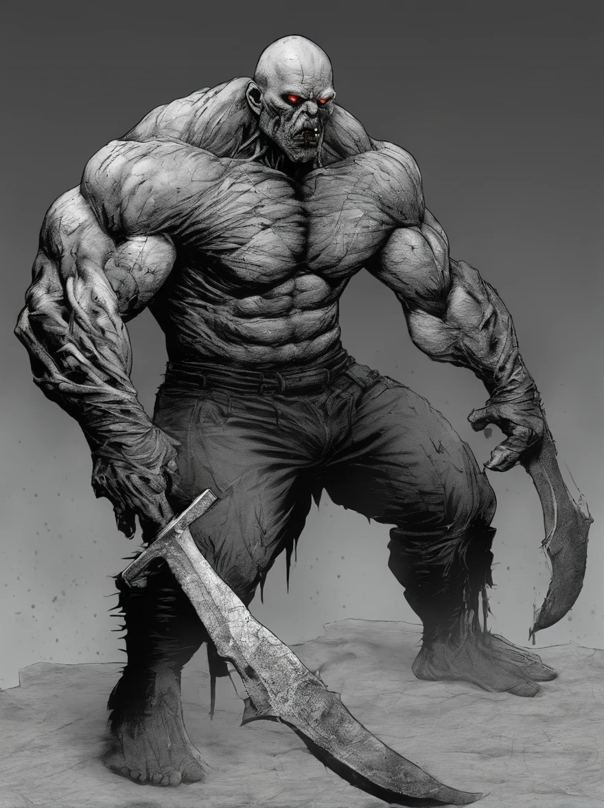 brutalis the violator
hulking 8 feet tall muscled bald mutated semi-orc-troglodyte like human with cracked desiccated skin
he has a few large organic spike protrusions made of his desiccated skin on his arms and back,