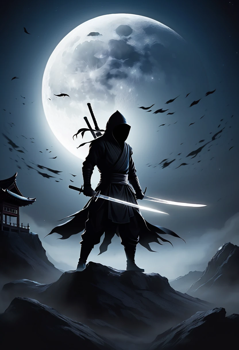  Anatomically correct background, super large night moon surrounded by dark ninja, all black ninja equipment, dynamic swings of swords(Complete long knife) With bright and firm eyes, he held a bright long knife and waved the knife shadow. (The knife shadow gradually fades and blurs )Moonlight big moon gorgeous dark atmosphere light speed knife shadow speed blur flash very detailed, masterpiece, Official Art, Movie lighting effects highly detailed digital art，Fantasy Art Performance