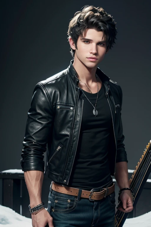 Keegan Allen 20 year old boy with open black jacket blue t-shirt with snow print short black hair punk style yellow locks black jeans green eyes black leather belt silver buckle muscular build slim cross medallion silver bracelet looking straight at viewer holding a harp