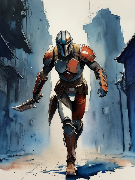 ((digital drawing)),((4k)),((JIM EIDOMODE)), The Mandalorian ink drawing, digital illustration, Comic book style, watercolor, art station style, Concept art, 2D illustration, by Peter Draws, by Carne Griffiths, by Vadim Kashin, full body, centered, detailed, smooth, dynamic pose