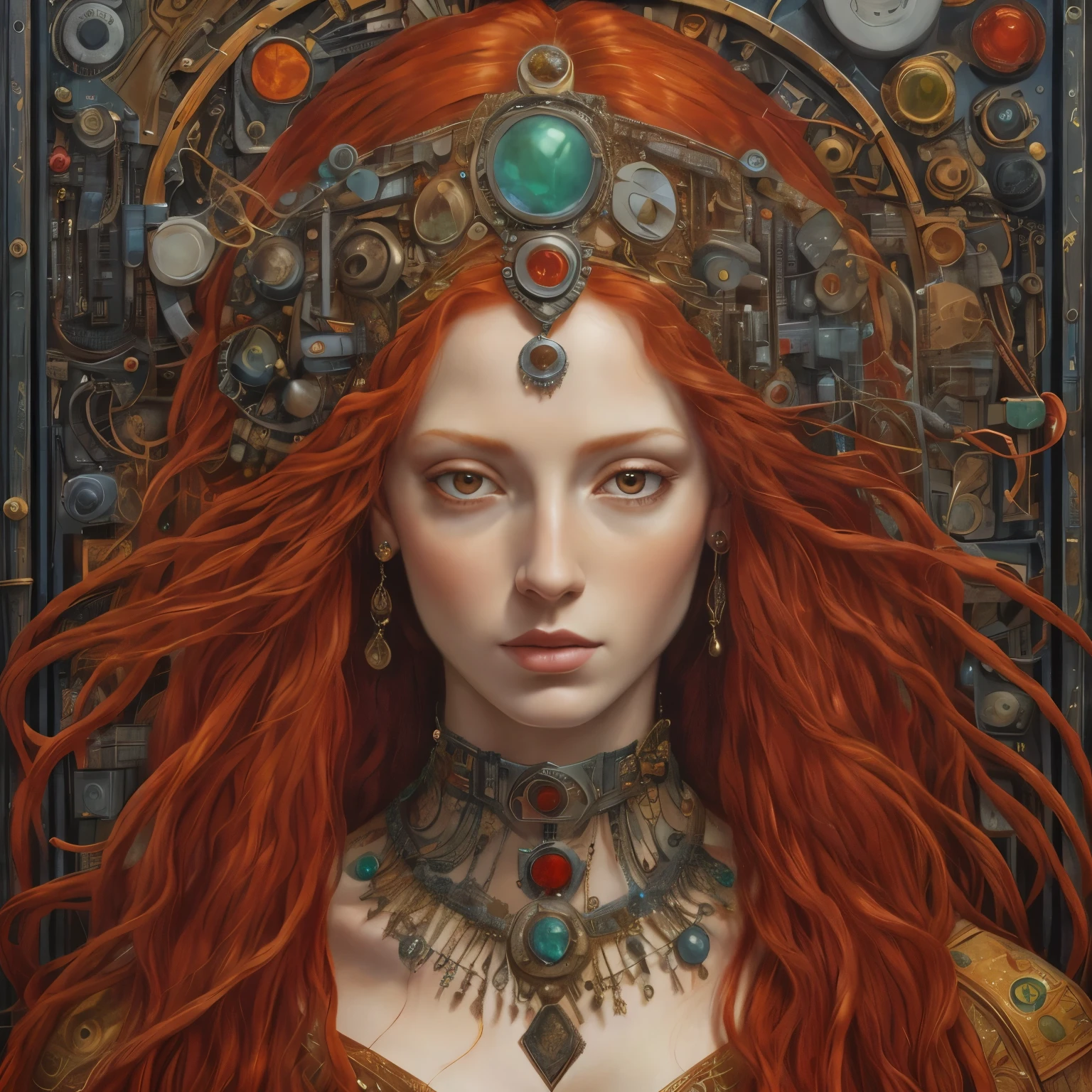 arafed woman with red hair and a necklace with jewelry, Karol Bak euh, portrait d'une reine cyborg, Copper-haired girl, Karol Bak et Peter Mohrbacher, red haired Goddess, inspired by James C. Christensen, Goddess. Extremely high detail, travail complexe, inspired by James Christensen, extremely detailed Goddess shot, detailed painting 4 k