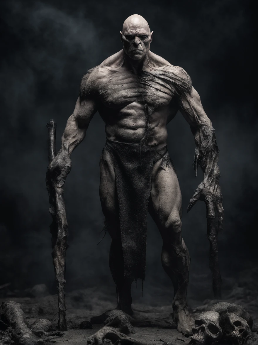 massive 8 feet tall muscled bald hairless mutated semi-orc-troglodyte like human with cracked desiccated skin he has a few large organic spike protrusions made of his desiccated skin on his arms and back, ready for battle to crush his prey, (masterpiece) ( 8K resolution) low light, monotone muted colors, wide angle lens perspective distortion shallow depth of focus ultra high quality photography best quality, ultra photo realistic, ((shallow depth of field focus)) ultra high quality photography best quality, scary
