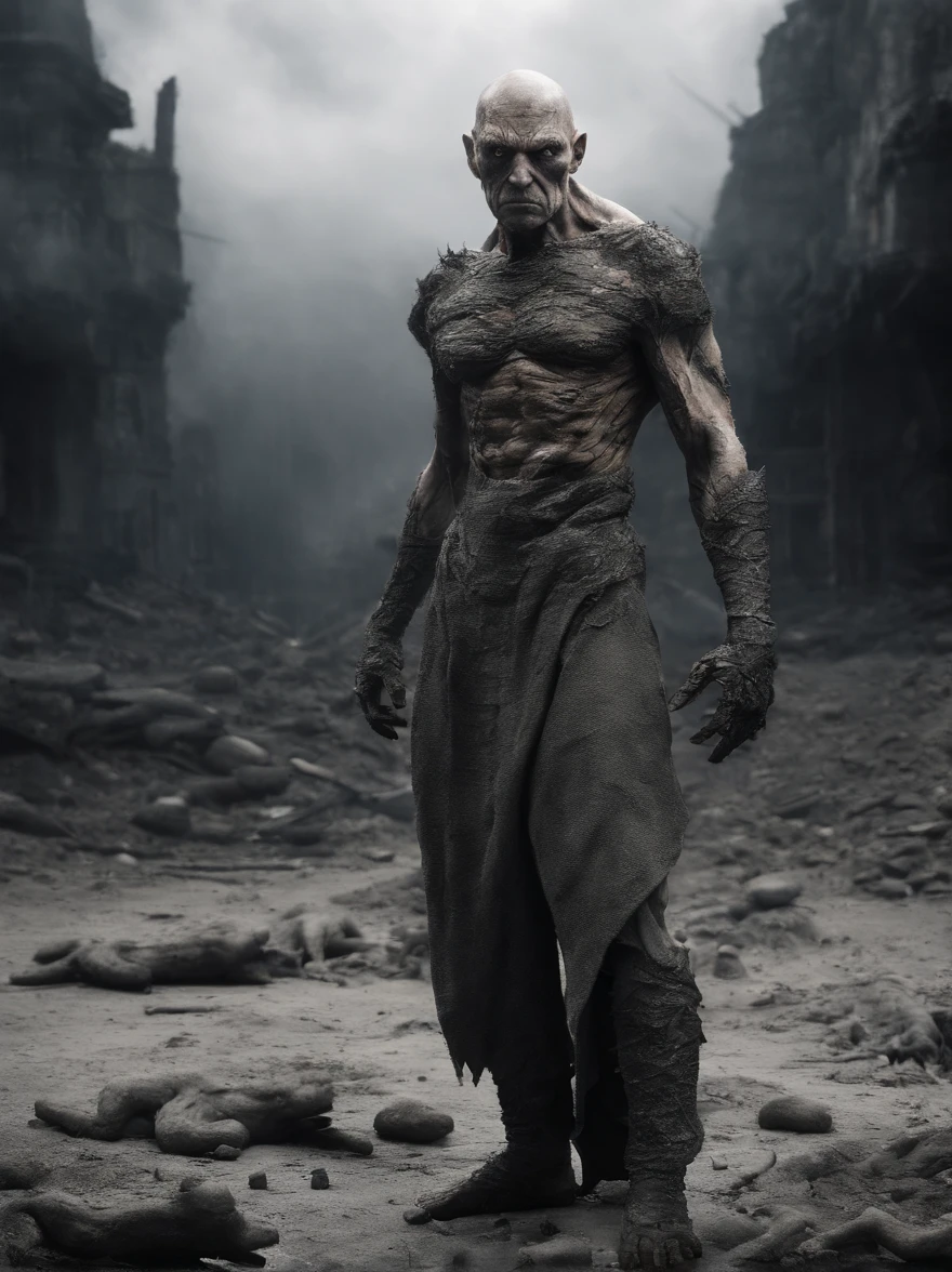  massive 8 feet tall muscled bald hairless mutated semi-orc-troglodyte like human with cracked desiccated skin he has a few large organic spike protrusions made of his desiccated skin on his arms and back, ready for battle to crush his prey, (masterpiece) ( 8K resolution) low light, monotone muted colors, wide angle lens perspective distortion shallow depth of focus ultra high quality photography best quality, ultra photo realistic, ((shallow depth of field focus)) ultra high quality photography best quality, scary