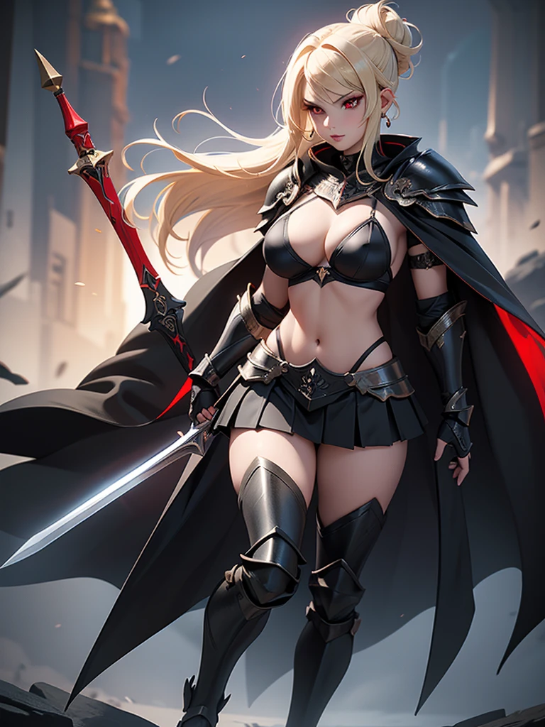 Voluptuous, Busty Blonde Female Dark Knight in ((((Black Full Plate Metal)) Bikini Armor)), Red Eyes, Thigh high Full Metal Plate Armored Boots. (((Full Body View))), Long hair, Messy bun, Wielding a Black Great Sword, (Red Cloak), (Red Pleated Skirt), detailed, perfect makeup, beautiful lips, large hoop earrings, (METAL bikini armor), No Helmet, (No Spikes), Tall girl, Long legs, (Solo, 1girl)