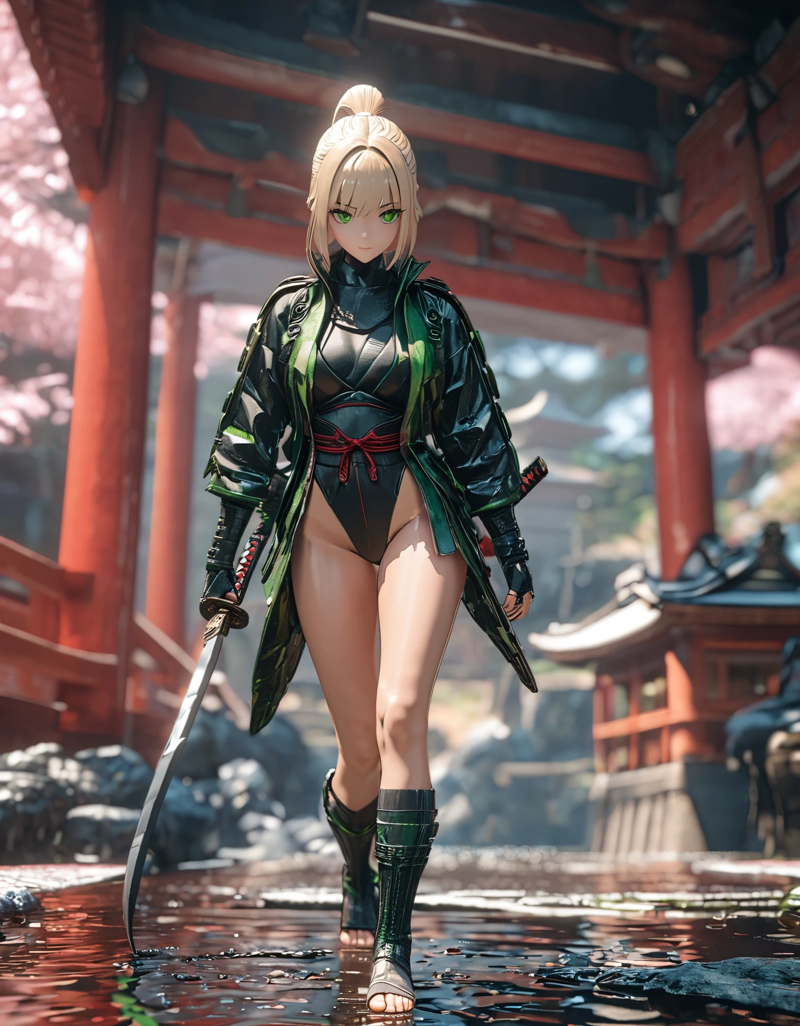 close shot, girl focus,Random pose,A female ninja on her way to her enemy,sexy full body, ponytail hair, skull drawing mask,sexy ninja suit, holding a small katana,tattoo,japanese pagoda,pond, Sakura tree, kunai and shuriken lay around,artwork,3D,4K,Detailed,4k highly detailed digital art,octane render,masterpiece,best quality,ligne claire,(cool_color),perfect composition,absurdres, fantasy,focused,rule of thirds, light blonde hair,green eyes, (leotard,bare legs,boots,toeless legwear), cowboy shot