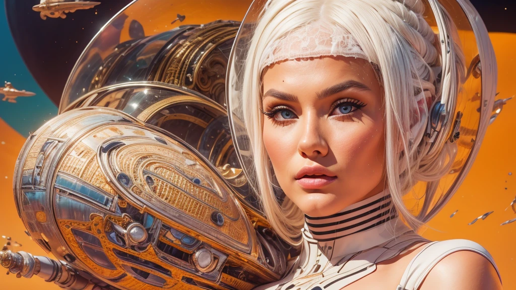 arafed image of a white woman in a futuristic suit with a spaceship in the background, movie art, in front of an orange background, inspired by Robert McGinnis, female protagonist, megastructure in the background, portrait of an ai astronaut, astronauts, an astronaut, portrait of a astronaut skeletor, perfect android girl, detailed eyes, perfectly detailed teeth, frank franzzeta and sakimichan  