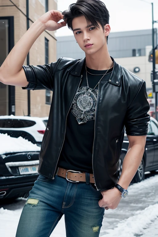 solo , 1man , thai man , leather jacket , white shirt , blue Long pants jeans , happy , sit