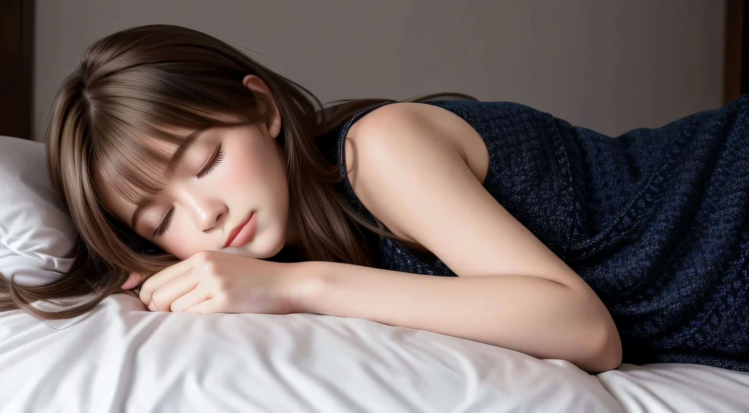 Sleeping teenage girl posing on a white bed, put your head on the pillow, Dark night sky in mountain cave, Turn of Light, Lights on, 22 years old, Ultra-realistic, She is wearing pajamas, brown hair. Perfect hands and perfect fingers. Perfect details for caravan trucks