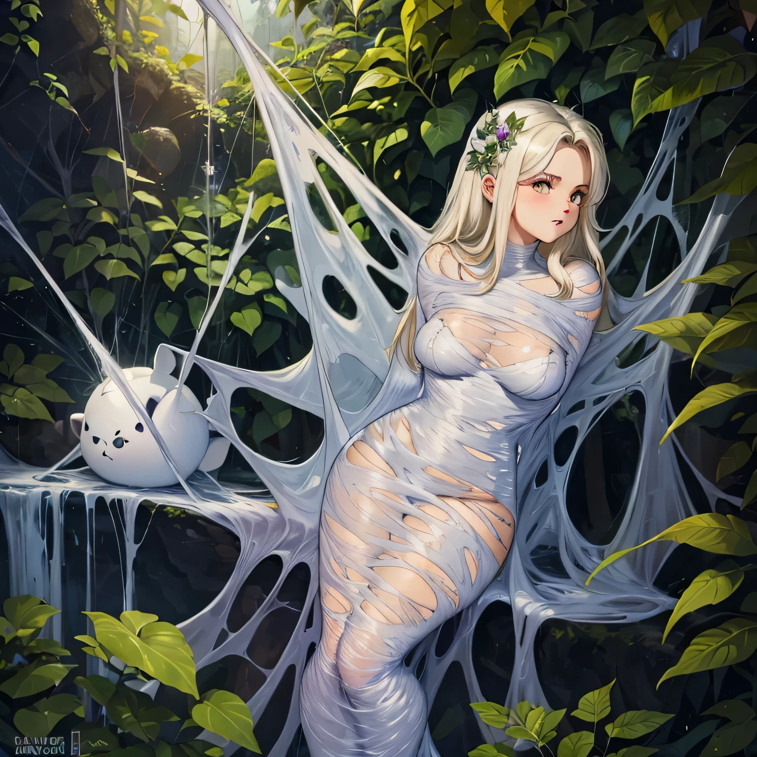 (a) fairy, beautiful,detailed wings, detailed dress, detailed face, (highres:1.2), (realistic:1.37)
medium: oil painting
(a) girl, trapped, hanging, (best quality, 8k, highres:1.2), (realistic, photo-realistic: 1.37)
spider web, dense, delicate, intricate
(garden) plants, flowers, vibrant colors
(light) soft, ethereal, sunlight filtering through the trees
(d) cobweb, sticky strands, shimmering
(cocoon) silk, translucent, wrapped tightly