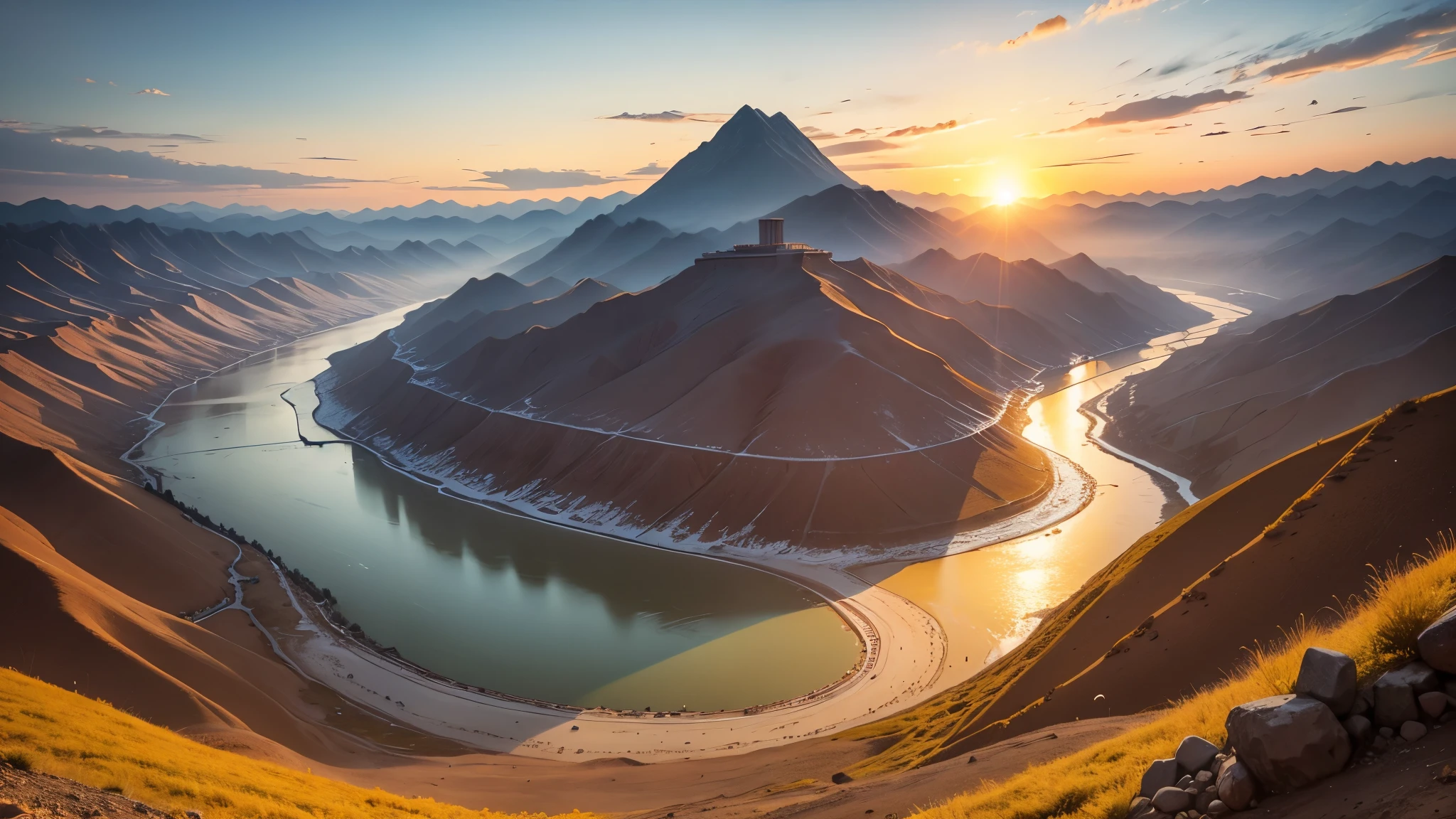 The sun sets over the mountains,The Yellow River flows into the sea。