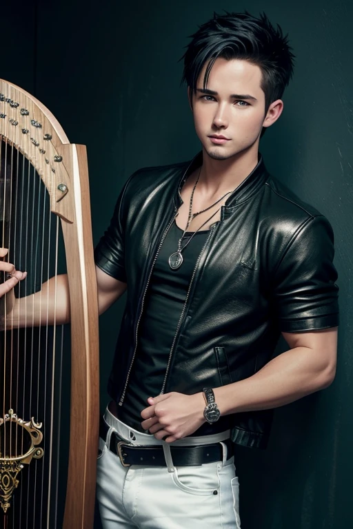 Ryan Merriman 20 year old boy with open black jacket blue t-shirt with snow print short black hair punk style yellow locks black jeans green eyes black leather belt silver buckle muscular build slim cross medallion silver bracelet looking straight at viewer holding a harp