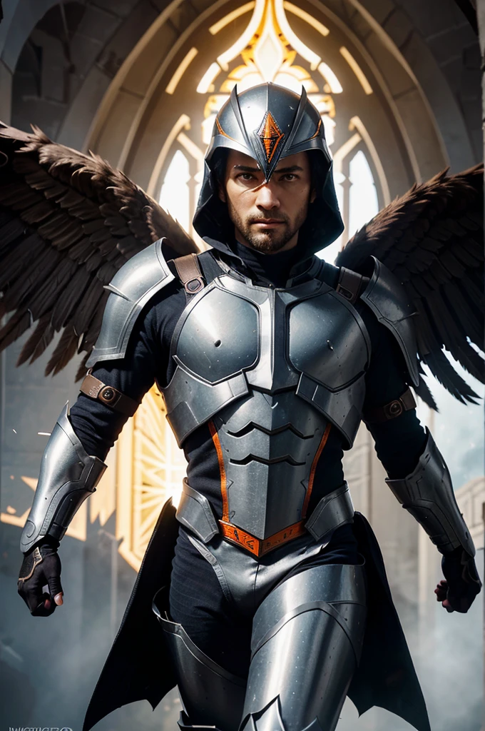 Archangel Uriel, hombre, mostrando su perfecto rostro, armadura naranja., alas gigantes con ojos, volando en el cielo, illustration, fondo pc, pixels perfect, vector