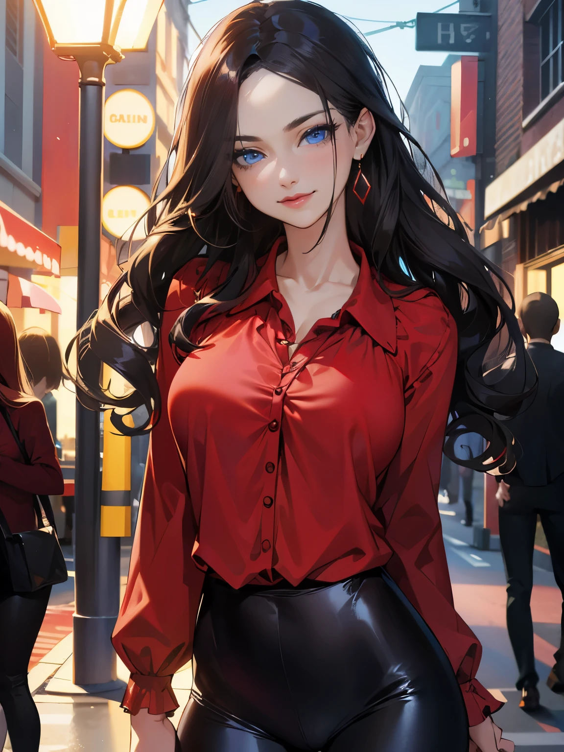 Caucasian woman; black hair, wavy hair, long hair, updo hair; blue eyes, lined eyes, ((highlight blue eyes)), shiny eyes, red lipstick, smile, (athletic body), (medium breasts), ((legs)), cameltoe; (Black pants), latex pants, ((blouse)), (((((red blouse))))), (Blouse tucked into pants), Neckline, Long sleeved shirt; Earrings, bracelets, wrist watch; at night; on the street, under the light of a street lamp; standing; frontal shot.