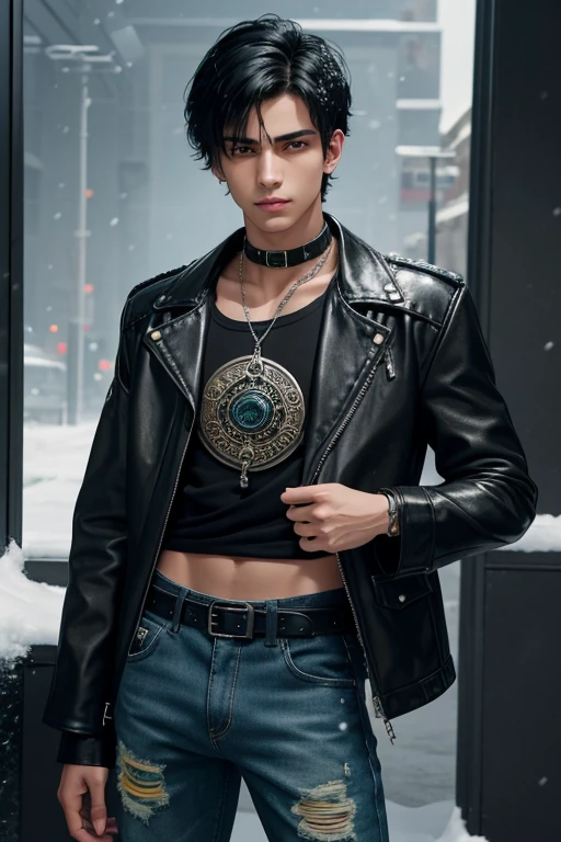 Chai Romruen 20-year-old boy with open black jacket, blue t-shirt with snow print, short black hair, punk style, yellow locks, black jeans, green eyes, black leather belt, silver buckle, slim muscular build, cross medallion, silver bracelet, looking straight at the viewer