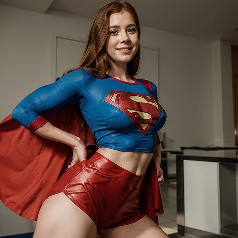 Amy Adams wearing Superman shirt with tight shorts and smiling