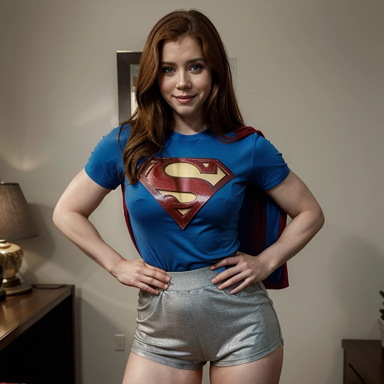 Amy Adams wearing Superman shirt with tight shorts and smiling